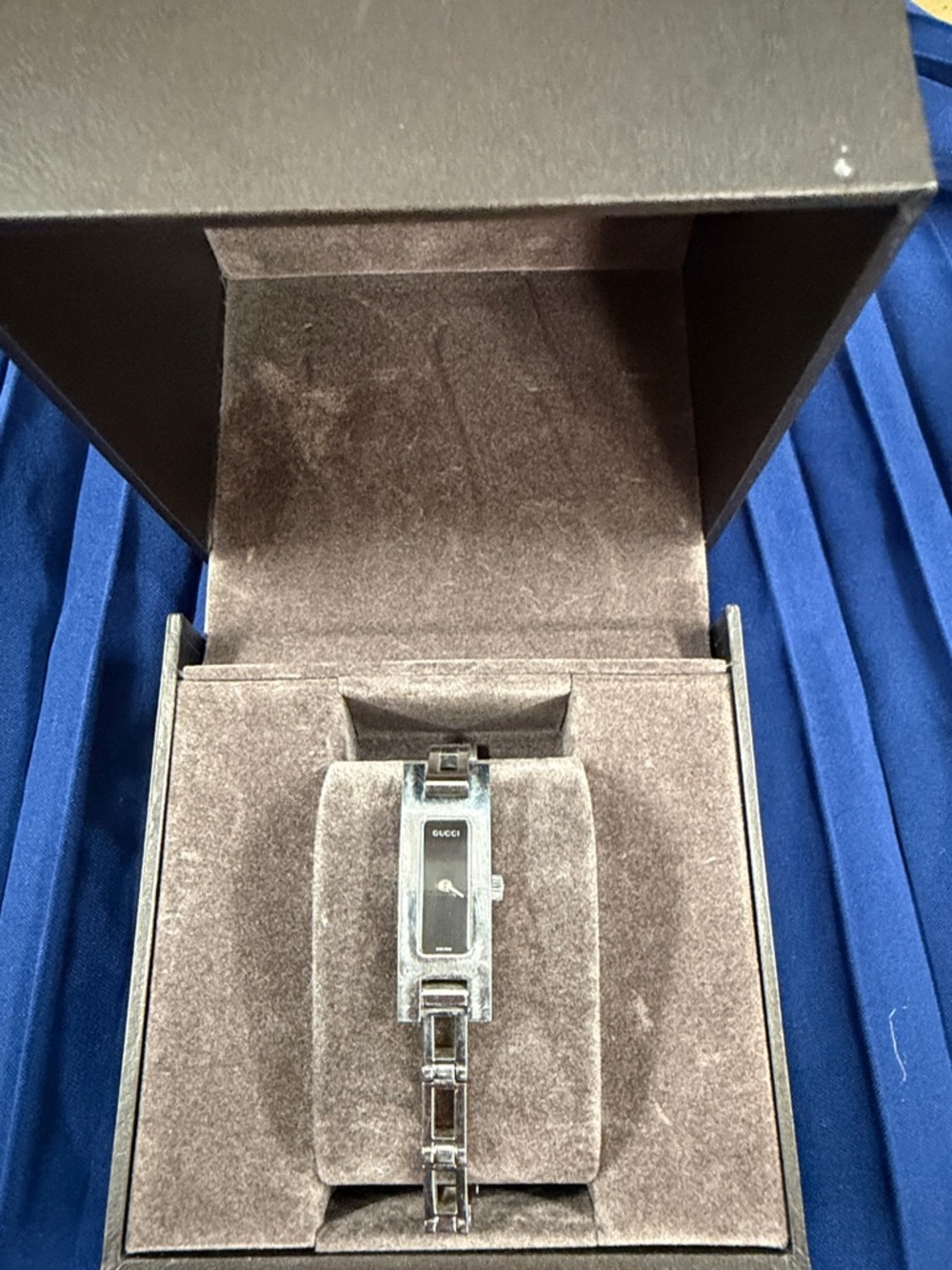 Gucci Silver Stainless Steel Rectangular Black Dial Bracelet Watch